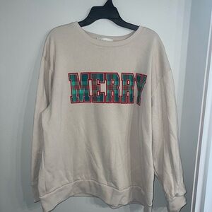 Women's Beige Crewneck Sweater with 'Merry' Plaid Design